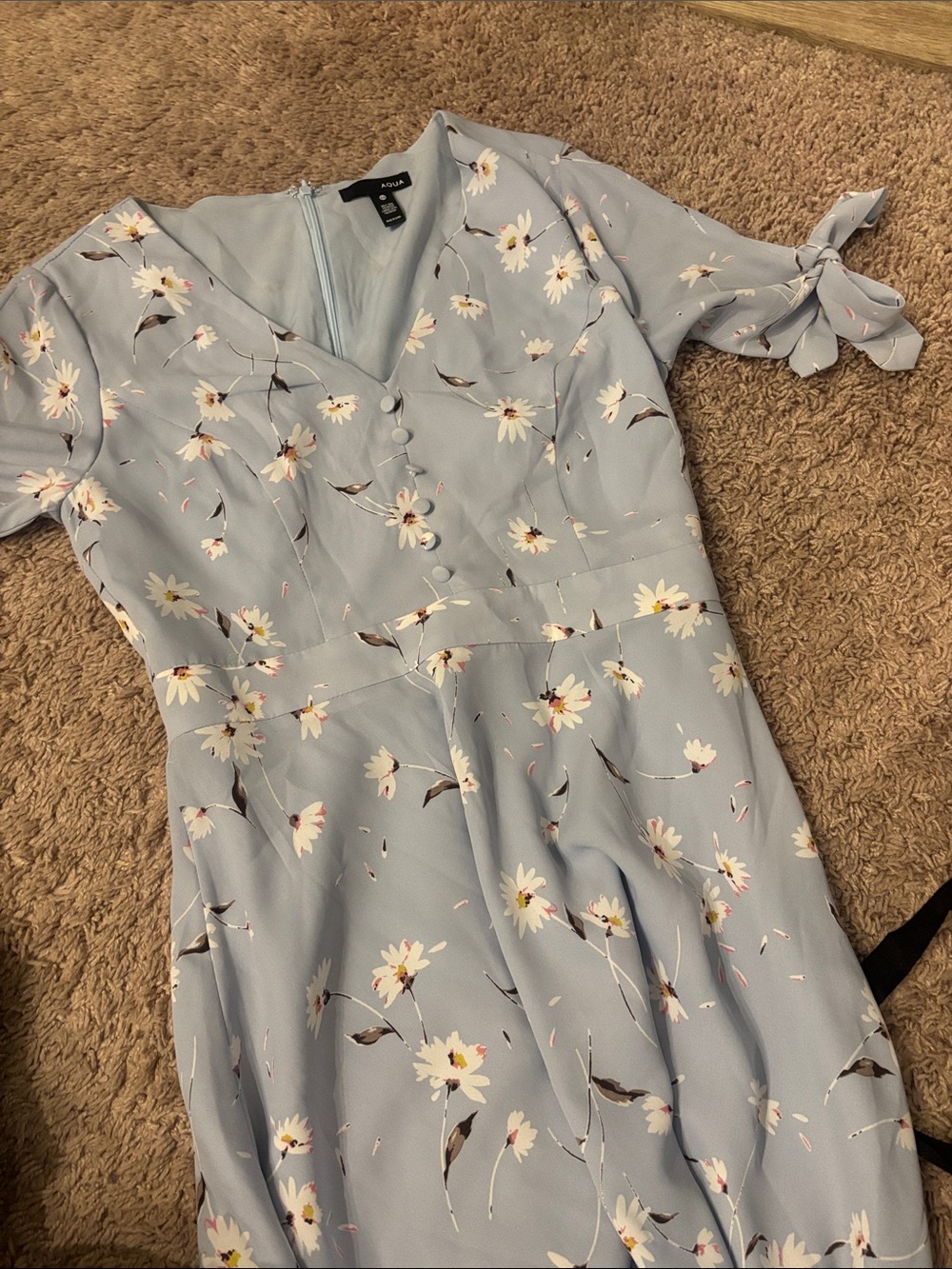Aqua Light Blue Floral Tie-Sleeve Midi Dress